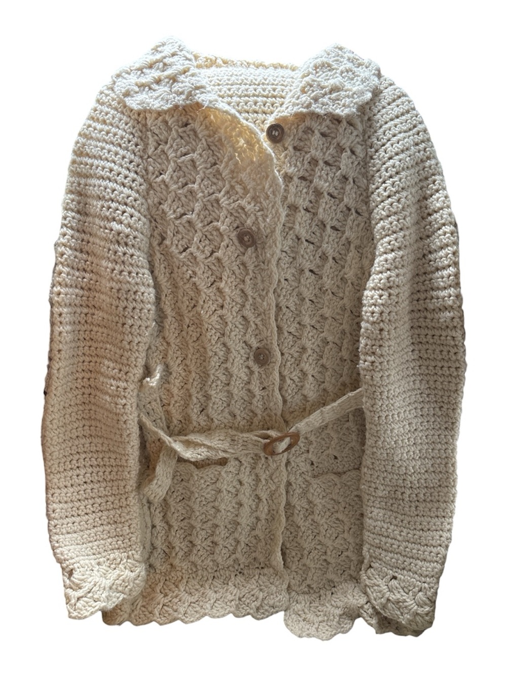 Women's hand-crocheted long cream cardigan